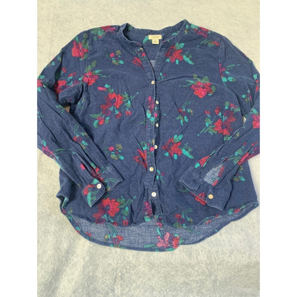 LL Bean Floral Button Down Shirt Womens Small Petite Blue Red Green Flowers